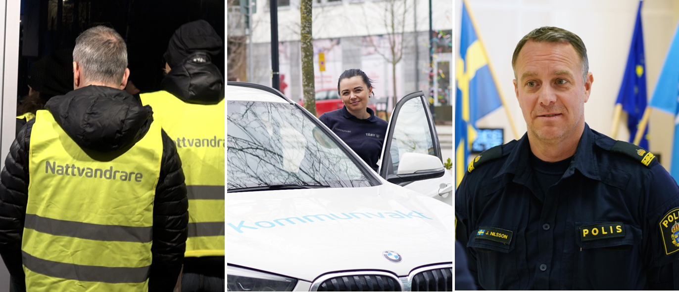Tre bilder som visar person med nattvandrarväst, person vid en bil och en polis i uniform